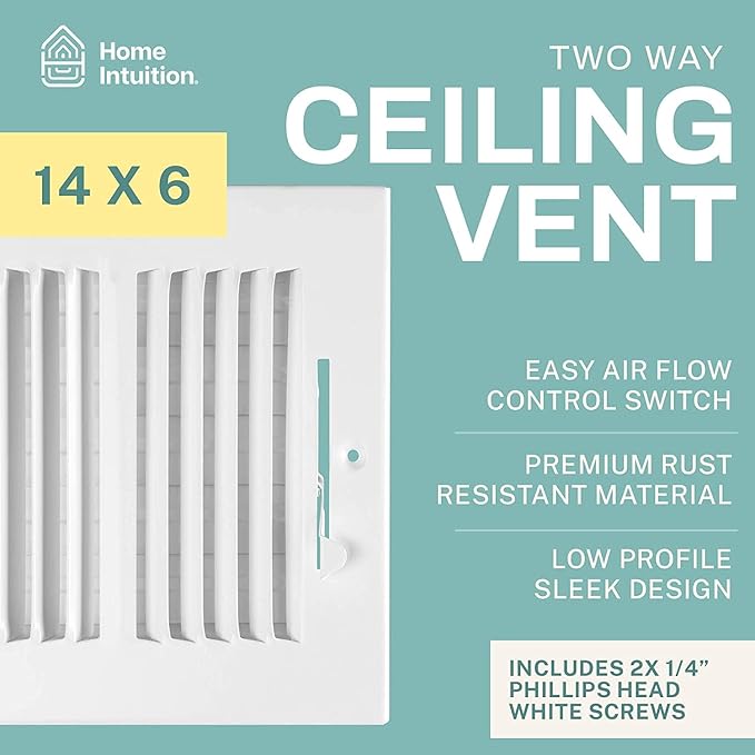 Ceiling Register - Air Vent Covers for Home Ceiling or Wall - 14x6 Inch (Duct Opening) 2-Way White Grille Register Cover with Adjustable Damper for HVAC Heat and Cold Air Conditioner