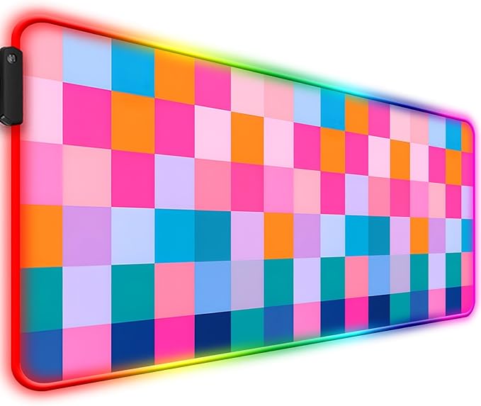 RGB Retro Coloful Checkered Gaming Desk Mat, Computer Keyboard Large Extended Long LED Mouse Pad for Office and Home, XL (W20)