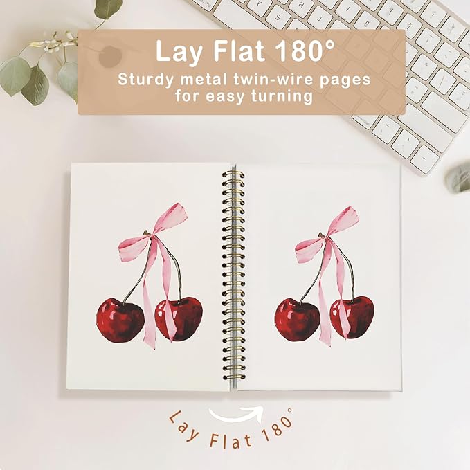 Coquette Pink Bow Cherry Notebook, Preppy Trendy Aesthetic Journal for Girls, Cute College Ruled Spiral Planner, Coquette School Supplies & Gifts for Women, 5.5x8.3 Inch