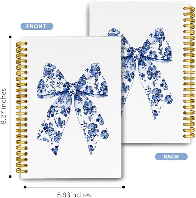 LiTiu Coquette Preppy Notebook, Girly Style Aesthetic Spiral Journaling Notebook for School Teen Girls, Blue Bow Preppy Funky Hardcover Spiral Notebook 80 Sheets 5.8x8.3