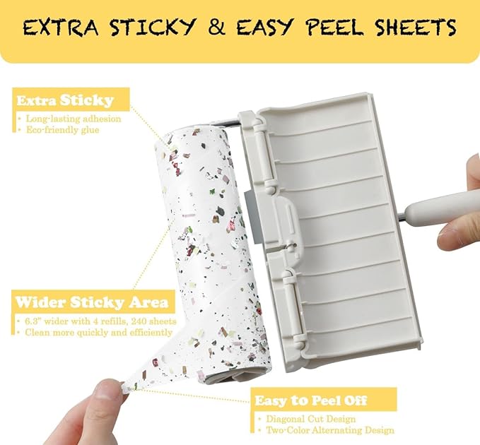 HapChron Large Surface Lint Roller with Extendable Long Handle Dust-Proof Cover 6.3'' Wider 240 Sheets, Long Handle Sticky Mop for Cleaning Furniture Carpet Floor Curtains and Pet Hair