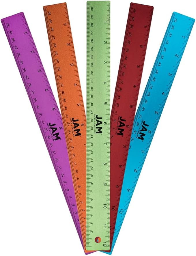 JAM PAPER Strong Aluminum Rulers - 12 Inch - Metal Rulers with Non-Skid Cork Backing - Rainbow Assortment - 5/Pack