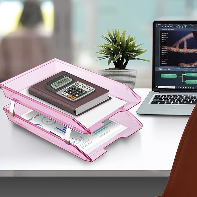 Acrimet Facility 2 Tier Letter Tray, Front Load, Letter Size/A4, Desktop File Organizer, Plastic (Clear Pink Color)