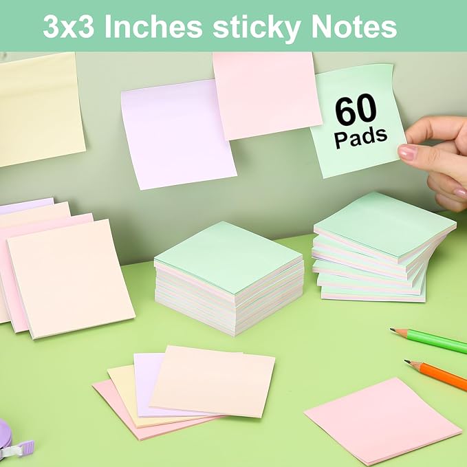 Thenshop 60 Packs Sticky Notes Bulk 3x3 Inches Colorful Self Stick Note Pads Paper Memo for Office School Notebook Supplies, 60 Pads, 50 Sheets/pad(Macarons Color)