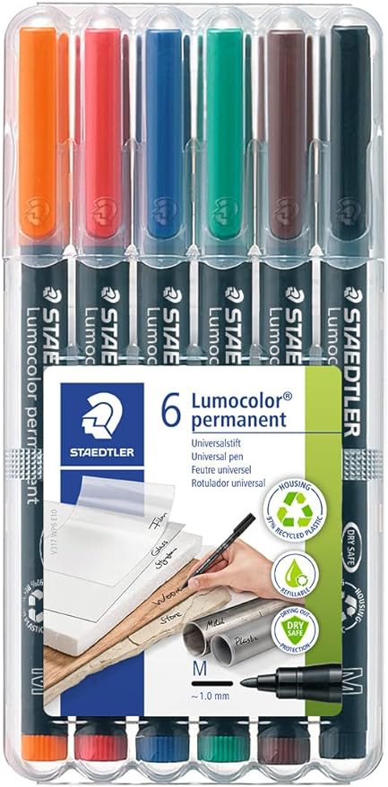 STAEDTLER Lumocolor Universal Pen, Medium, Felt Tip, Permanent Marker, Box of 6 Assorted Color Pens, 1.0mm 317 WP6