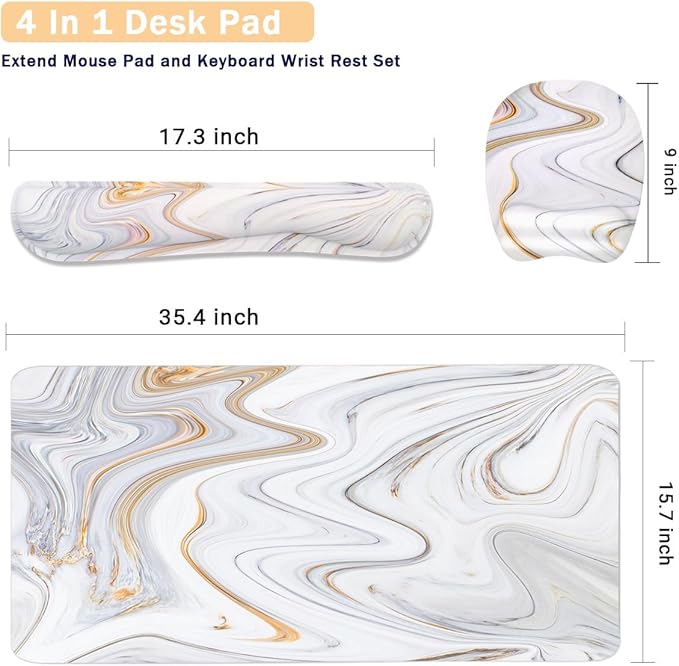 Keyboard Wrist Rest Large Mouse Pad Wrist Support for Computer, 4 in 1 Memory Foam Keyboard Pad Desk Mat Ergonomic Hand Rest Wrist Cushion for Home Office Gaming-White Marble