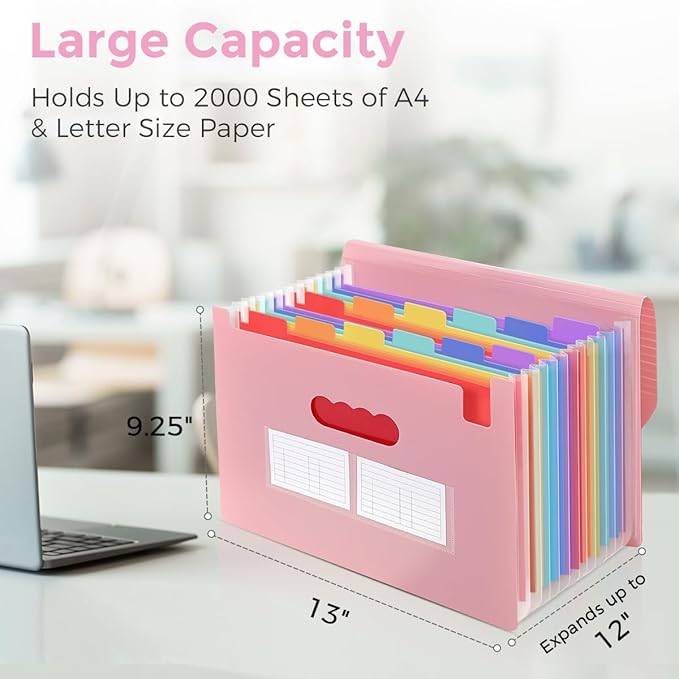 SKYDUE Pink Accordion File Organizer, 13 Pocket File Folder Organizer with Monthly Labels, Expanding Document Organizer for Letter A4 Size, Cute Filing Folder for School Office Home
