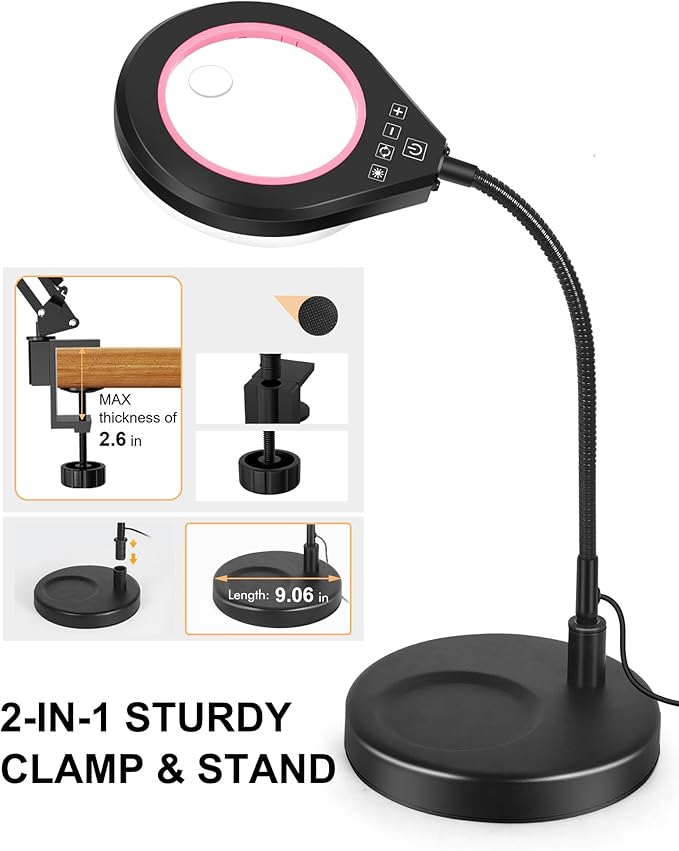 Flexible Gooseneck 2-in-1 Magnifying Glass with Light and Stand,10x & 5x Real Glass Lens Magnifying Lamp, 5 Color Stepless Hands-Free LED Desk Lamp with Clamp for Painting, Crafts, Reading (Pink)