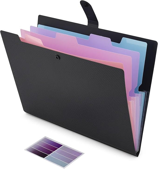 NAFY Colorful Expanding File Folder, 5 Pockets Folder with Colored Labels Portable Weave Pattern Accordion File Folder A4 Letter Size Project Organizer Document Folder for Office School (Black)