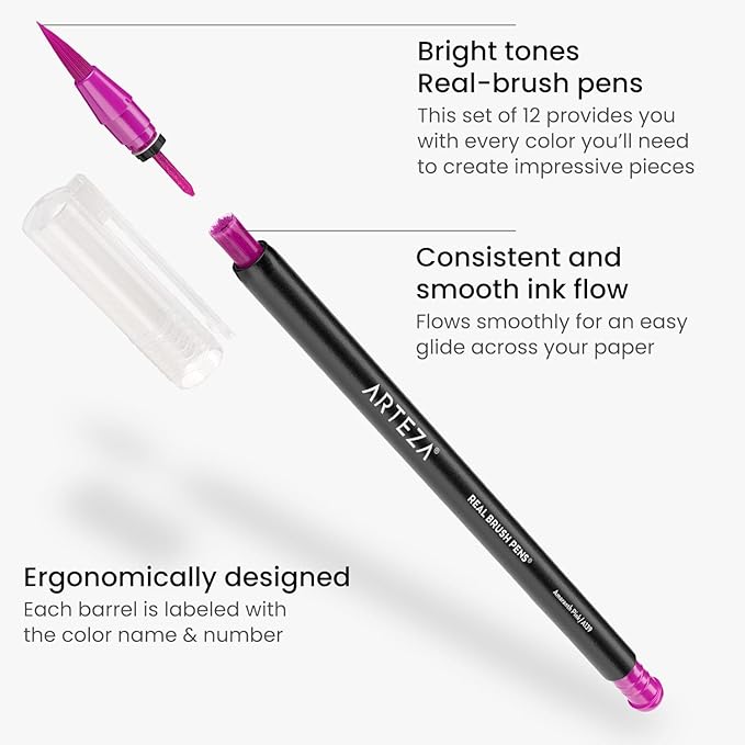 ARTEZA Real Brush Pens, Set of 12, Bright Tones, Blendable Watercolor Markers and 1 Water Brush, Art Supplies for School, Home, and Office