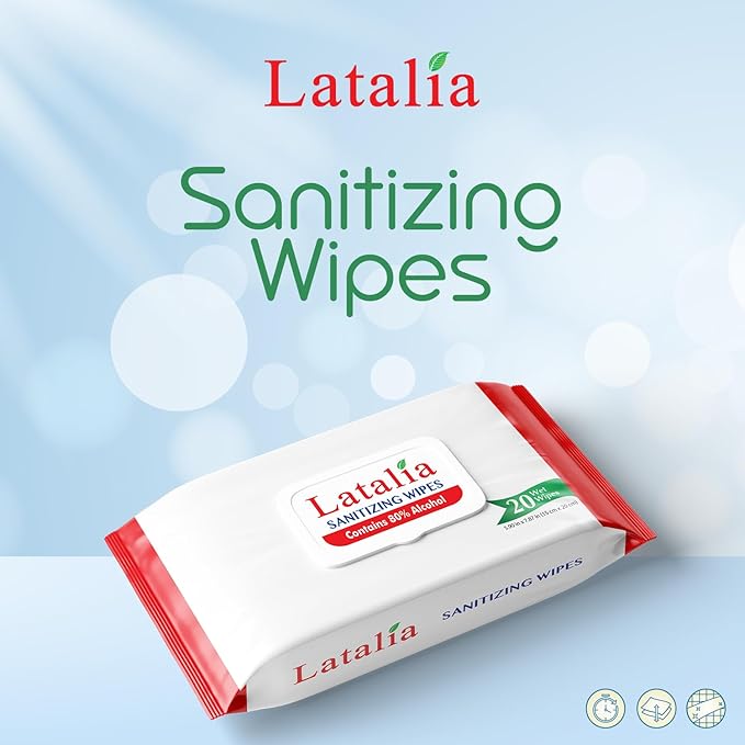 Latalia Hand Wipes Pack of 15 | 80% Alcohol Hand Sanitizer Wipes for Hands & Face Moisturizing, Gentle, Convenient and Fragrance Free (20 Counts)