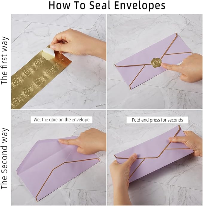 30 Pack Thick #10 Business Envelopes with Gold Border, 4 1/8 x 9 1/2 Thick Paper Standard Envelopes with Stickers for Office, Checks, Letter Mailing, Invoices (Light Purple)