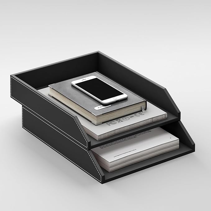 Leather Paper Organizer, 2-Tier Letter Size Tray, Office Desk Organizers and Accessories for Desktop, Office Supplies - Black, 2-Pack