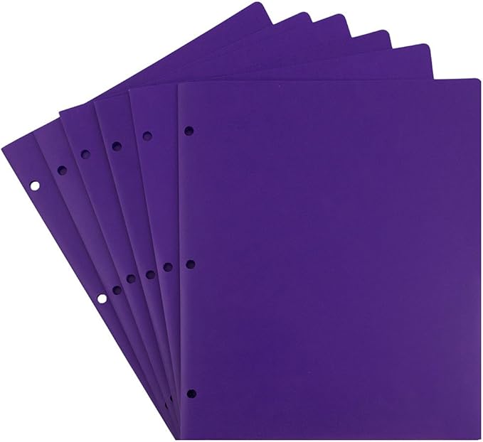 JAM PAPER Heavy Duty Plastic 3 Hole Punch Pocket Folders - Extra Tough School Folders - Purple - 6/Pack