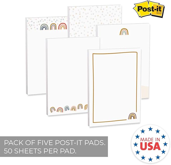 Modern Rainbow Sticky Note Pads / 4" x 6" Repositionable Trendy Boho Rainbow Sticky Notes / 50 Sheets Per Pad/Set of 5 Designs/Made in USA