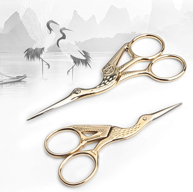 Embroidery Scissors, Stork Scissors for Sewing, Craft, Art Work & Everyday Use, Stainless Steel, 2Pcs, 4.6 inch and 3.7 inch, Gold