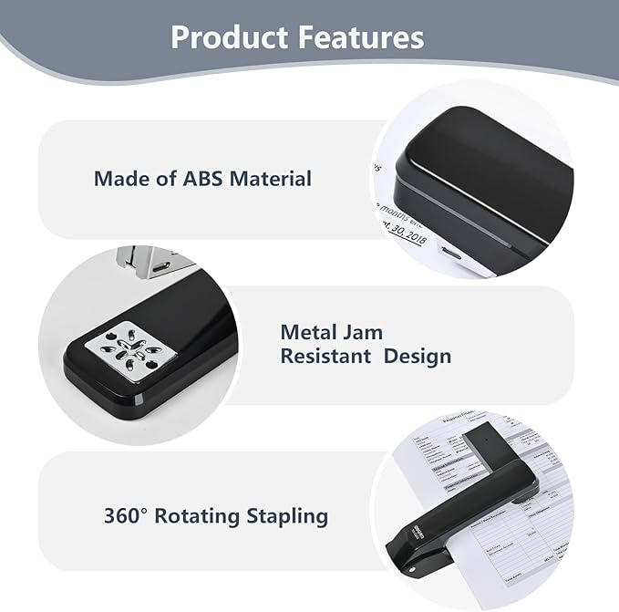 MJMX 360° Rotating Swing-Arm Stapler, 25-Sheet Capacity, with 1000 Staples, 8-Position Lock, ABS Durable Design, for Office/Home/School (Black)