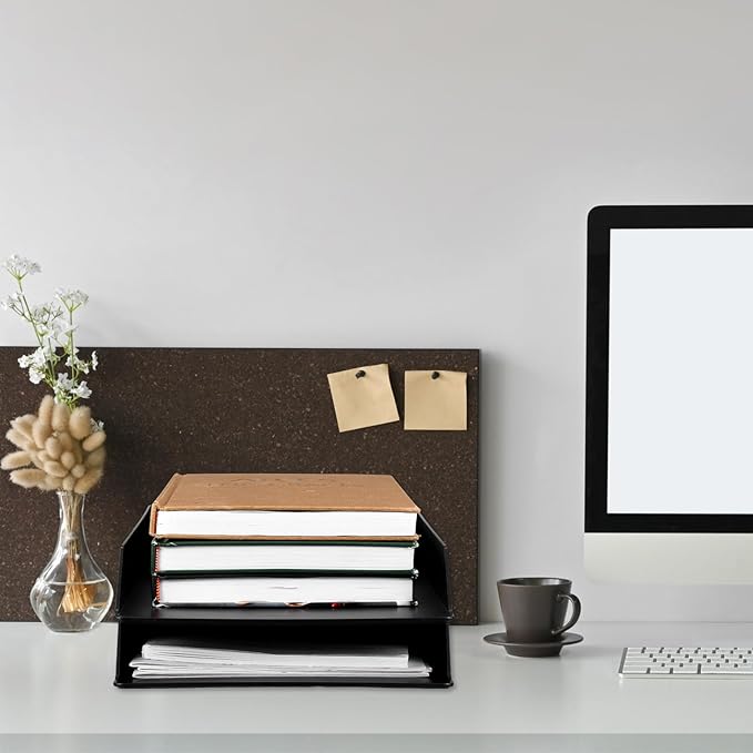 Wenqik 2 Pcs Stackable Paper Trays Rectangular Plastic Desk Holder Desktop Document File Organizer Storage Letter for Office Classroom (Black)