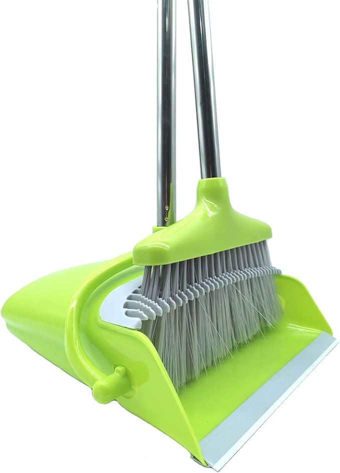Xifando Extendable Long Handle Broom and Dustpan Set, Stainless Lightweight Upright Standing Broom and Dustpan Combo for Kitchen Lobby Office Living Room Household Indoor or Outside (Green)