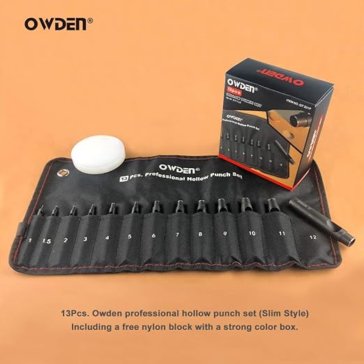 OWDEN Professional 13 Pc Leather Hole Punch Set (Slim Style) 1.0-12MM for Belt, Watch Band & Strap Gasket. Includes Free 3" Nylon Mat