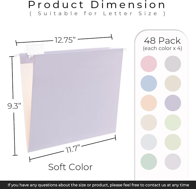 Y YOMA 48 Pack Colored Hanging File Folders Letter Size Decorative Hanging Folder Cute Pretty File Folder for Filing Cabinet Drawer Office Home with 1/5-Cut Adjustable Tabs, Soft Color