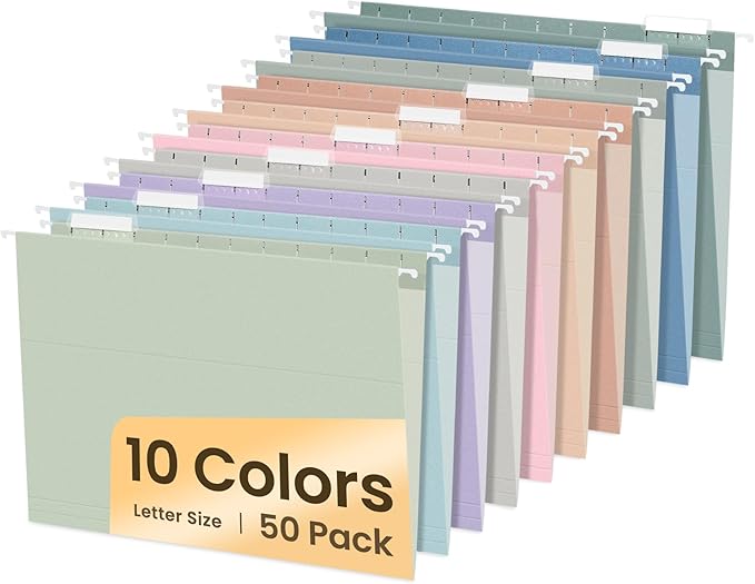 SUNEE Hanging File Folders, 50 Pack Letter Size Hanging File Folders with 1/5-cut Tabs, Stay Organized for Your Home and Office Bulk File, Documents and Paper, 10 Pastel Colors