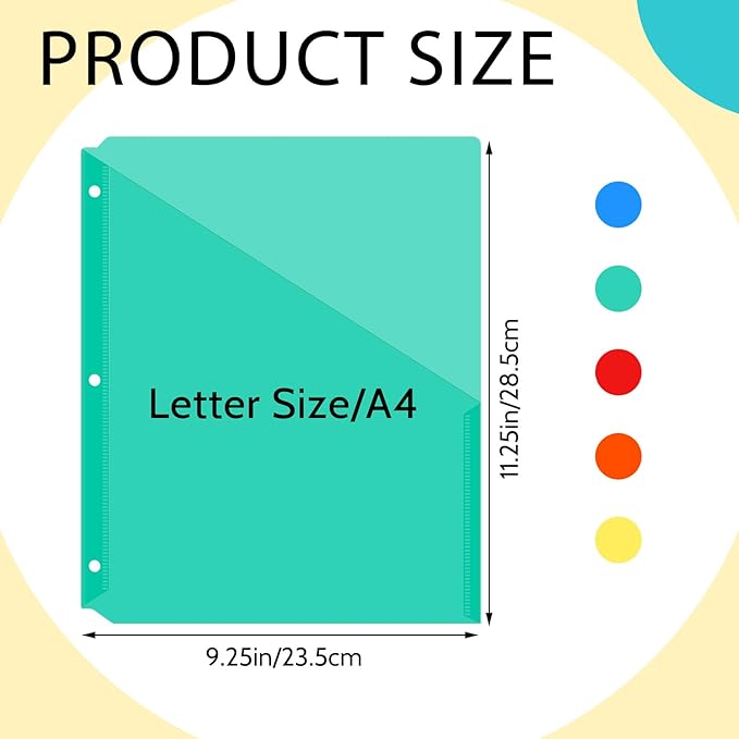 Maitys 50 Pack Binder Pockets 3 Hole Punch Clear Plastic Document Folders Binder Organizer Store Letter Size 8.5x11 Inch Paper Folders with Pockets Slash File Jacket for Office (Bright Colors)