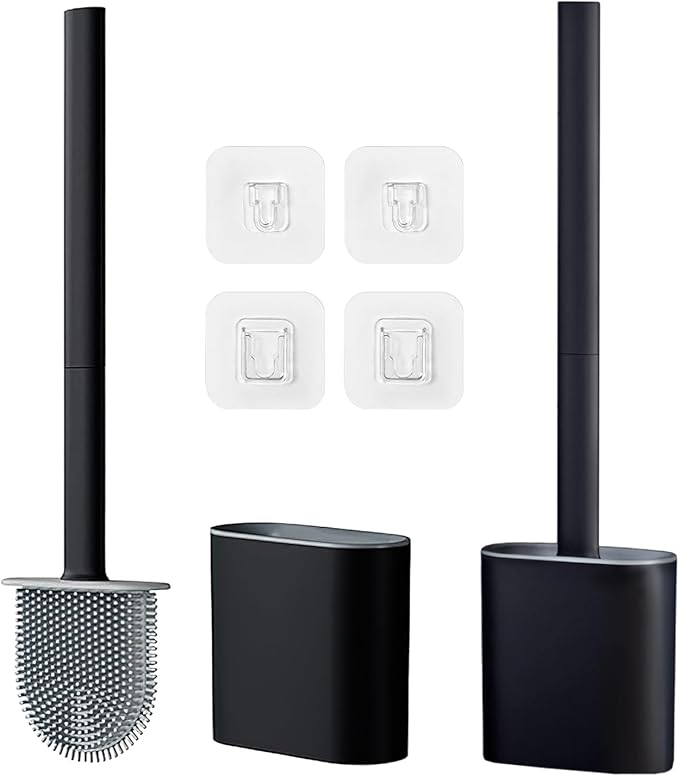 Pesilo Toilet Brush and Holder Set, Wall Mounted Toilet Bowl Brush Head with Silicone Bristles, 2 Pack Black Compact Size for Storage and Organization Scrub Brush for RV Bathroom Accessories