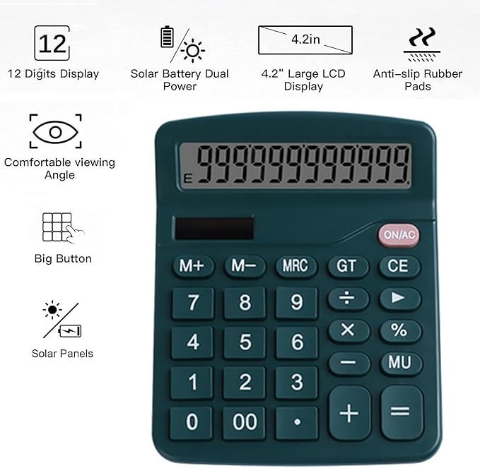 Office Desk Calculator - Dual Power Simple Financial Calculator with Big Button Large Display for Office, Home & School (Green)