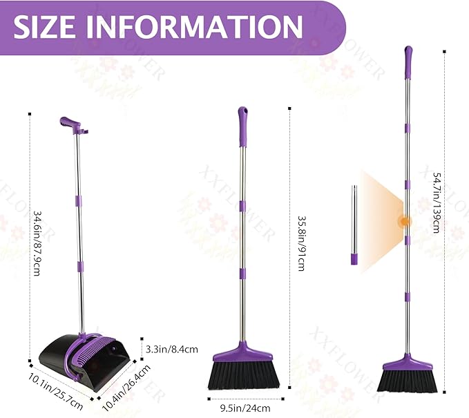 XXFLOWER Broom and Dustpan Set with Long Handle, Light Weight Stainless Steel Poles Stand Upright Dustpans with Broom Combo for Home Kitchen Office Pet Dog Hair, 1-Pack (Purple)