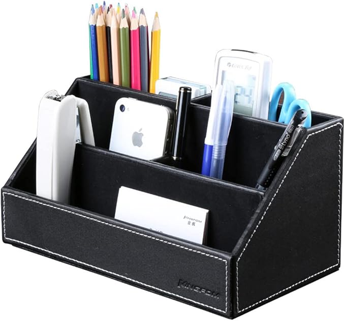 KINGFOM Pu Leather Desk Organizer with 5 Compartments Holder, Multi-Functional Office Supplies Storage Caddy for Pen/Pencil, Phones, Remote Controller and Desktop Accessorie Black
