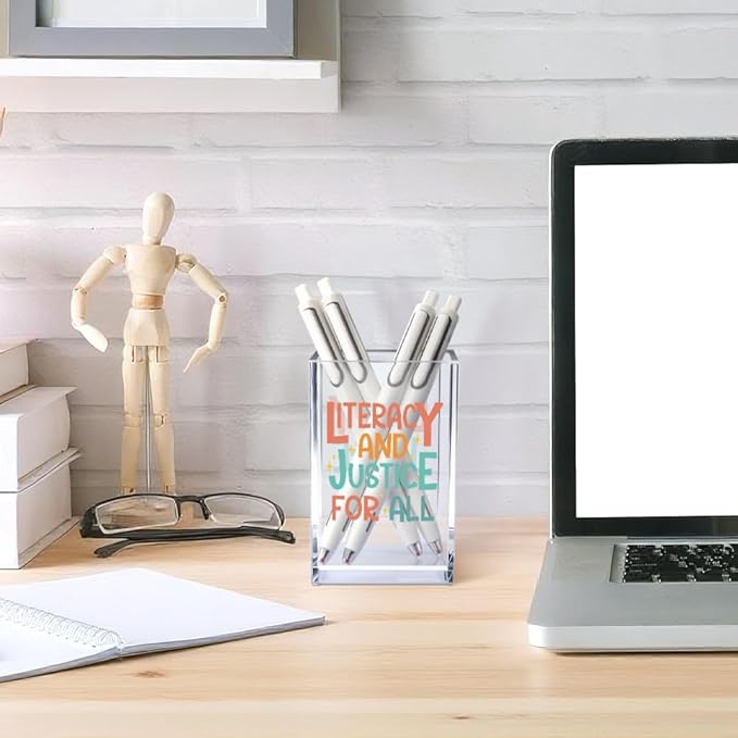 Literacy and Justice for All Acrylic Cosmetic Pencil Pen Holder Cup, Reading Book Club Pen Holder Cup, Bookish Gifts, Social Justice Gifts for Women Mom Sister Friend Coworker Librarian Teacher