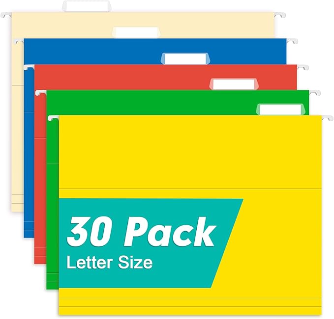 HERKKA Hanging File Folders, 30 Pack Letter Size Reinforced Hanging Folders, Designed for Bulky Files, Medical Charts, Filing Cabinet, Adjustable Tabs, Assorted Colors