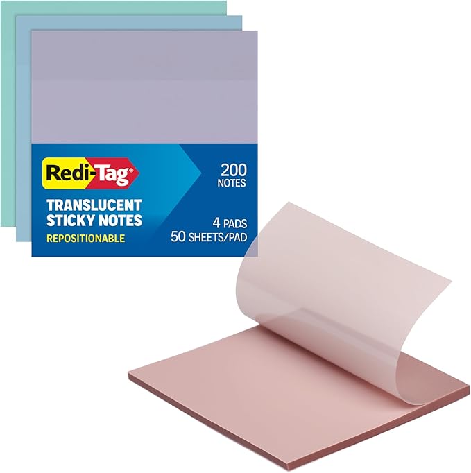 Redi-Tag Translucent Sticky Notes, Transparent Self-Stick Notes, 3" x 3", Pastel Colors, 4 Pads, 50 Notes Per Pad, 200 Sheets (1006593)