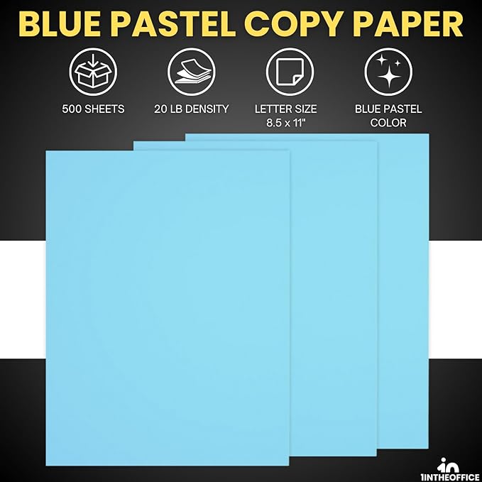 1InTheOffice Blue Copy Paper, Printer Paper, Colored Copy, 20 lbs., 8.5" x 11", 500 Pack
