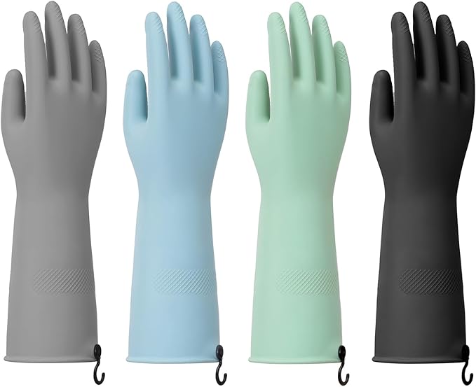 Rubber Dishwashing Gloves for Kitchen 4 Pairs Cleaning Household Dish Washing Reusable & Waterproof Latex Glove(Medium/with Hook)