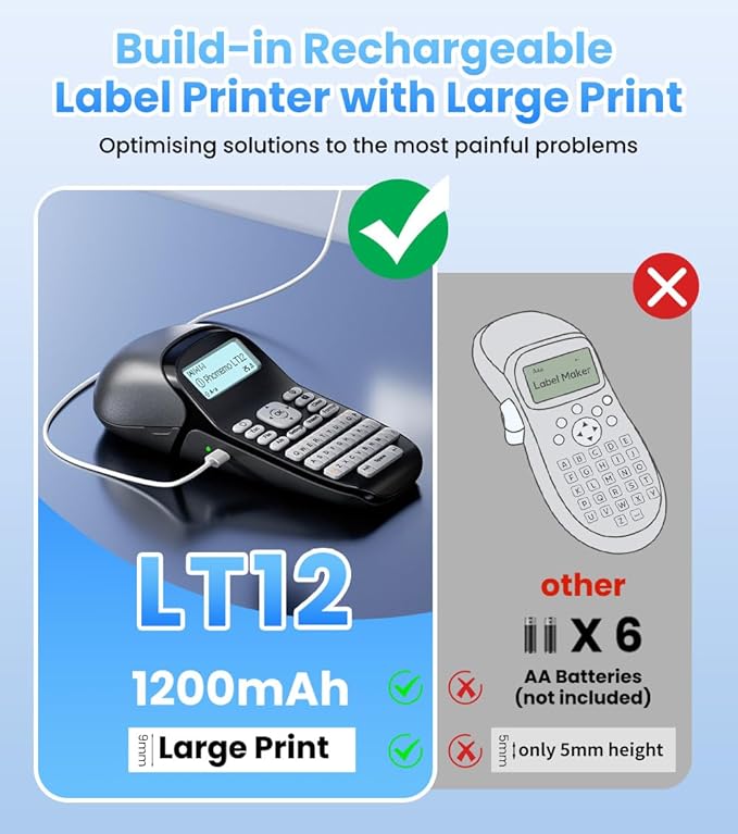 Phomemo LT12 Label Maker Machine with Tape, Rechargeable Handheld Label Makers with QWERTY Keyboard Portable Bluetooth Labeler with & 1600+ Icons, 30+ Fonts, for Home, Office, Gray