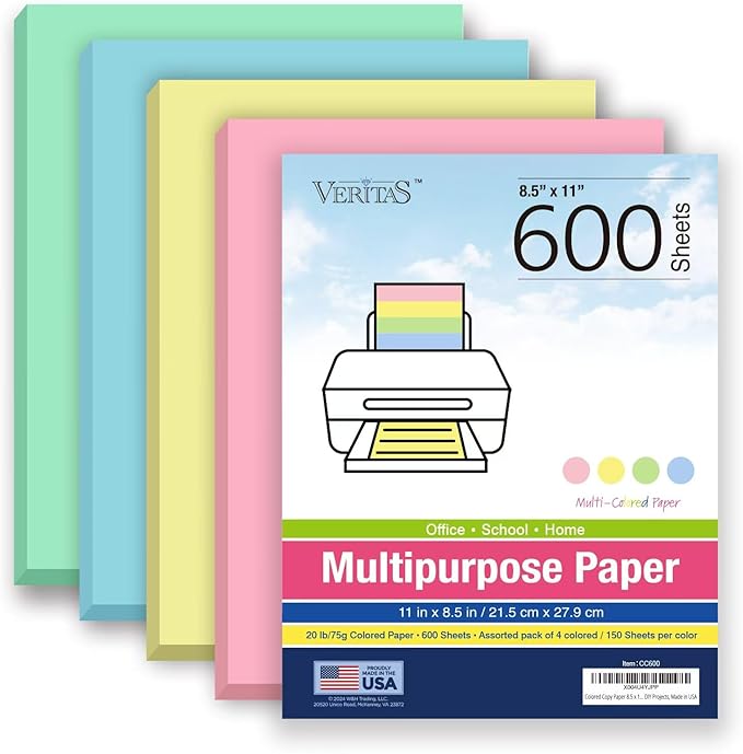 Colored Copy Paper 8.5 x 11, Letter Size Printer Paper, 600 Sheets (150 Each of Pink, Green, Blue, Yellow), Jam-Free, Bulk Pastel Colored Paper for Arts & Crafts, DIY Projects, Made in USA