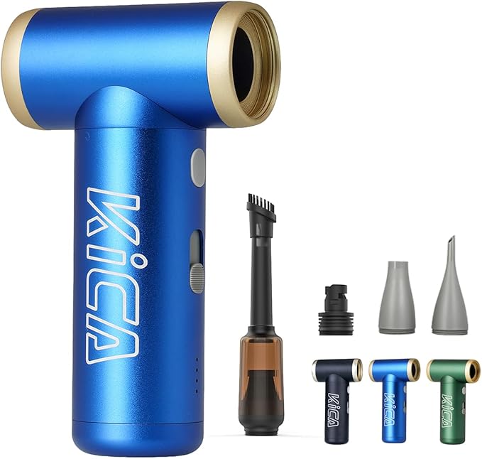 KiCA JetFan 2S Combo Compressed AirCan Substitute,117000RPM Air Duster Electric Blower for ComputerKeyboard Cleaning,Hair Drying,Camping,Outdoors,Car,Barbershop,Handmade,Rechargable,Metal Body,Blue