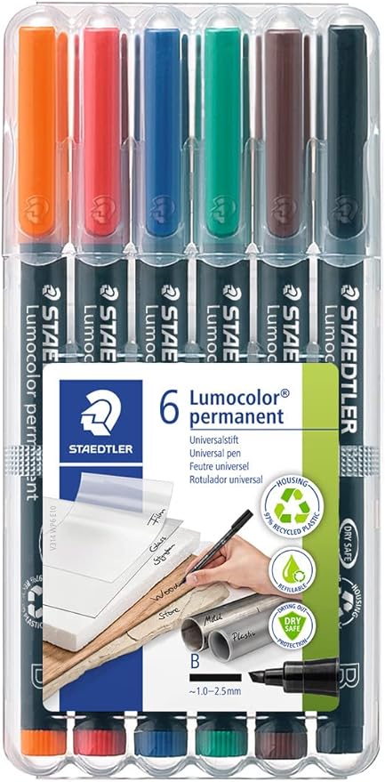 STAEDTLER Lumocolor Universal Pen, Broad Chisel, Felt Tip, Permanent Marker, Box of 6 Assorted Color Pens, 2.5mm 314 WP6, Assorted Colours, pkg of 6 (314 WP6 ST)