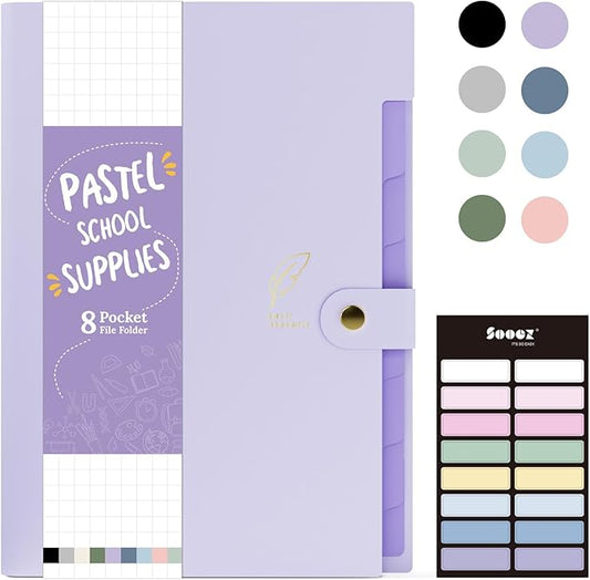 Sooez Aesthetic 8 Pocket Accordion File Organizer, Pastels Expanding File Folder for Important Document with Labels, Portable Receipt Paper Bill Organizer for Office School Supplies, Letter Size Purpl