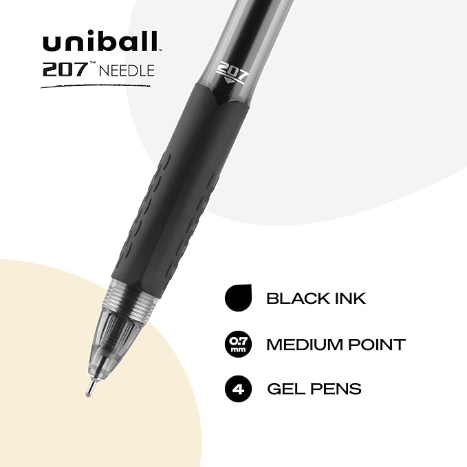 uniball Signo 207 Needle Point Gel Pen, Retractable, Medium 0.7 mm, Black Ink, Black Barrel, 4/Pack