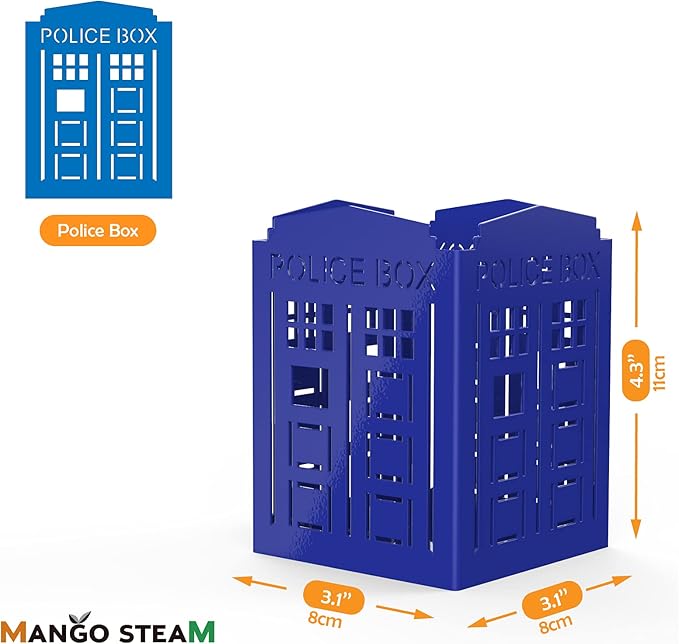 Mango Steam Metal Pen Holder, Makeup Brush Cup Organizer for Office, Bathroom, Vanity (Blue, Police Box)