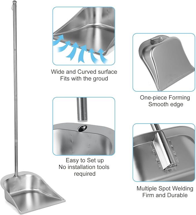 Large Size Heavy Duty Dustpan with Long Handle, VOOWO 43" Stainless Steel Dust Pan Standing Upright Dustpan, Indoor Outdoor Dust Pan with Handle for Kitchen and Home Office