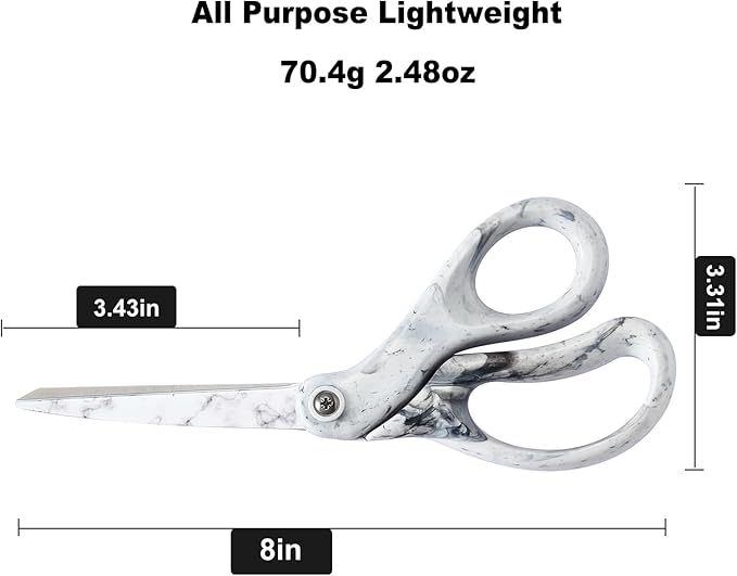 LIVINGO 8 Inches Scissors for Office - Sharp Heavy Duty Shears All Purpose for Sewing Crafting Cutting Fabric Paper, Stainless Steel Blade, Smooth Handle, Marble White Color