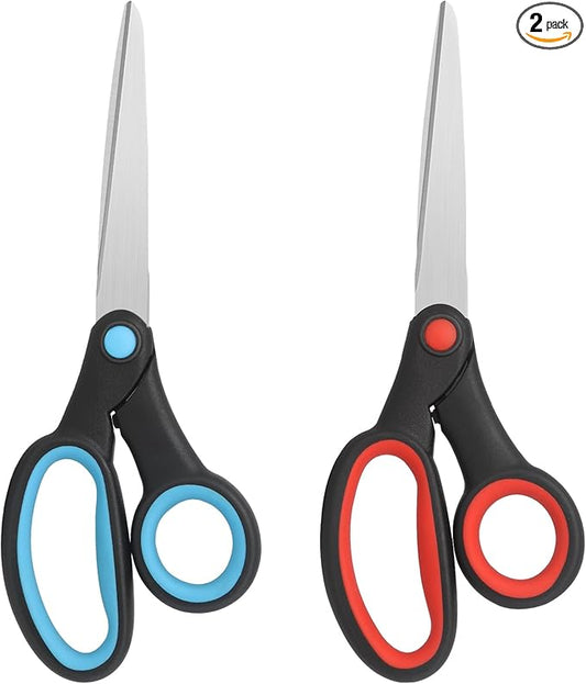 Left-Handed Scissors, 8-Inch Left-Handed Scissors with Soft Grip for Home, School, Office, Sewing Fabric, Red/Blue, Pack of 2