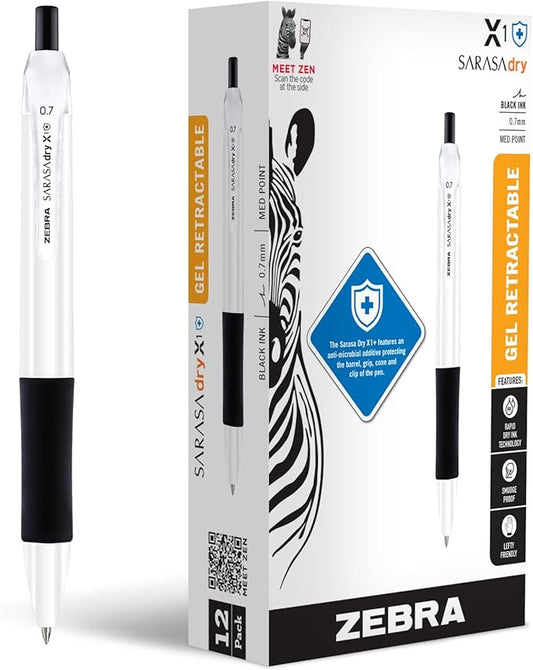 Zebra Pen Sarasa Dry X1+ Retractable Gel Pen, Plastic Barrel with Protective Coating, Medium Point, 0.7mm, Black Ink, 12-Pack