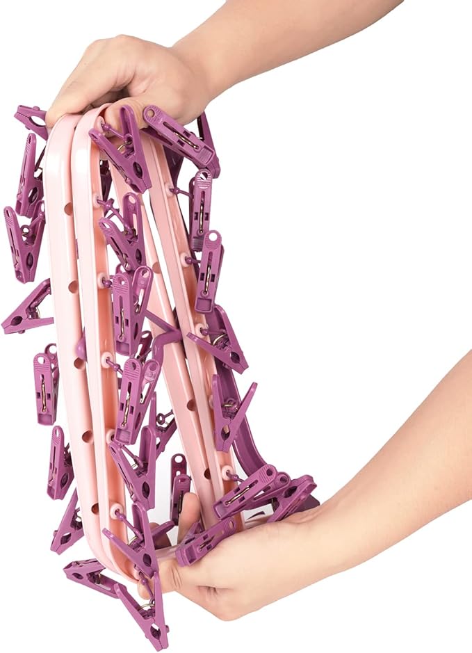 Clothes Drying Racks Foldable Clip Hangers Plastic with 32 Drying Clips Wind-Proof Hook Underwear Hanger for Socks Bras (Pink)