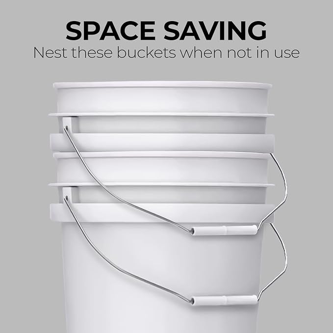 5-Gallon White Bucket Pail Container with Lid | Heavy-Duty Extra Durable | Metal Handles with Plastic Grip for Easy Carrying | Multi-Use | Easy Stack and Store | BPA Free - 5 Pack