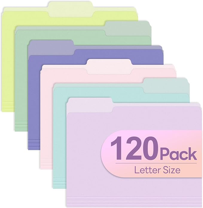 Piasoenc Color File Folders Set of 120, 1/3 Cut Tab, Letter Size Folder for 8.5 x 11 Documents Files, Assorted 6 Colors Filing for Office School Business